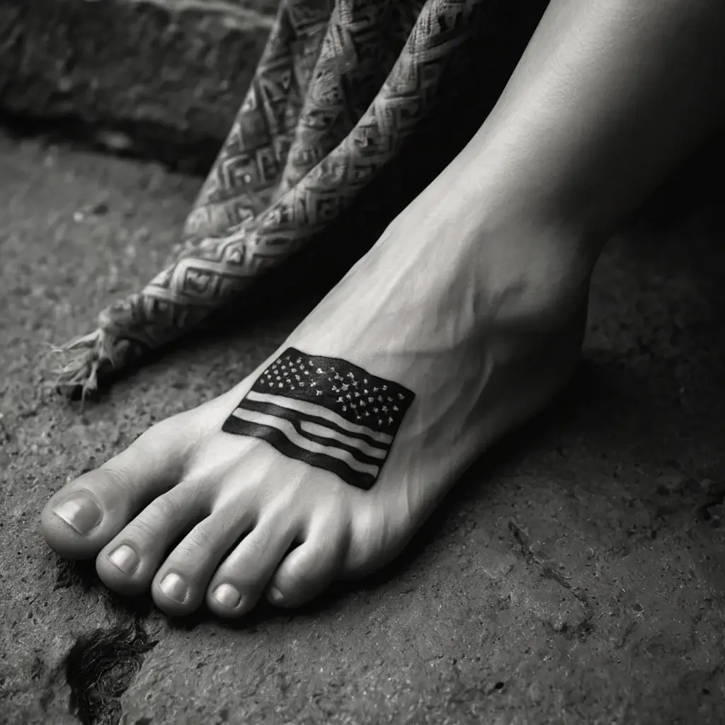 Tattoo of a stylized American flag in black ink, with stars and stripes, placed on the top of a foot.