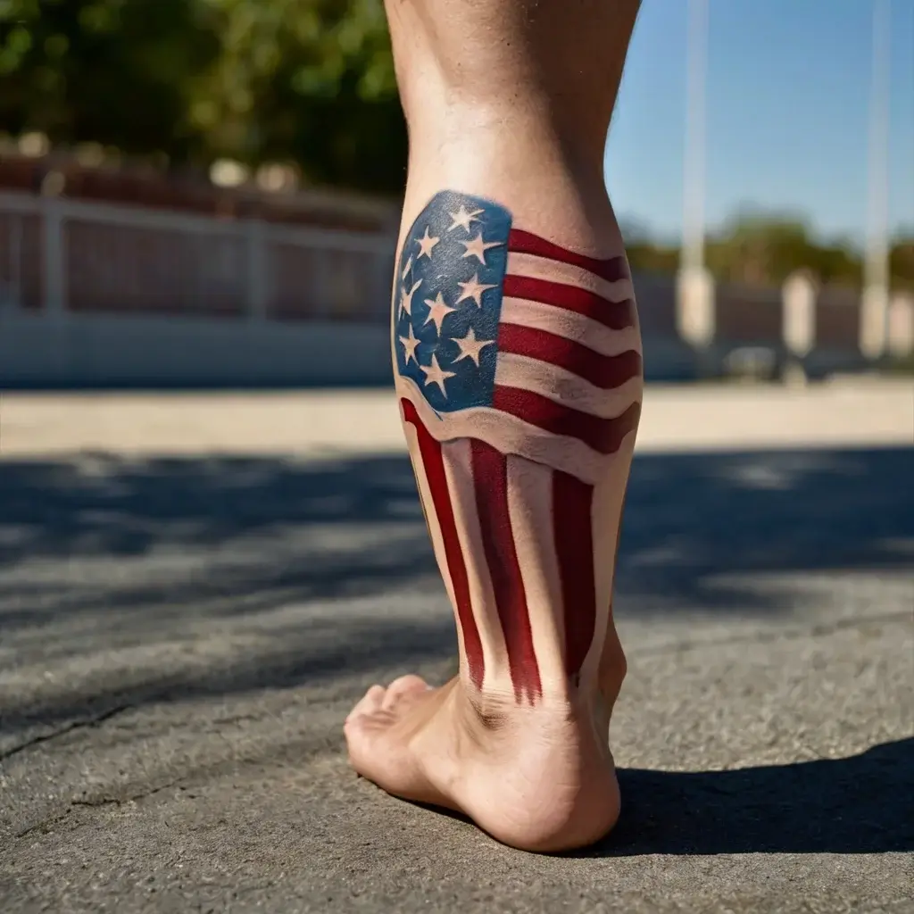 Realistic American flag tattoo on calf with stars and stripes. The design wraps around, creating a dynamic flowing effect.