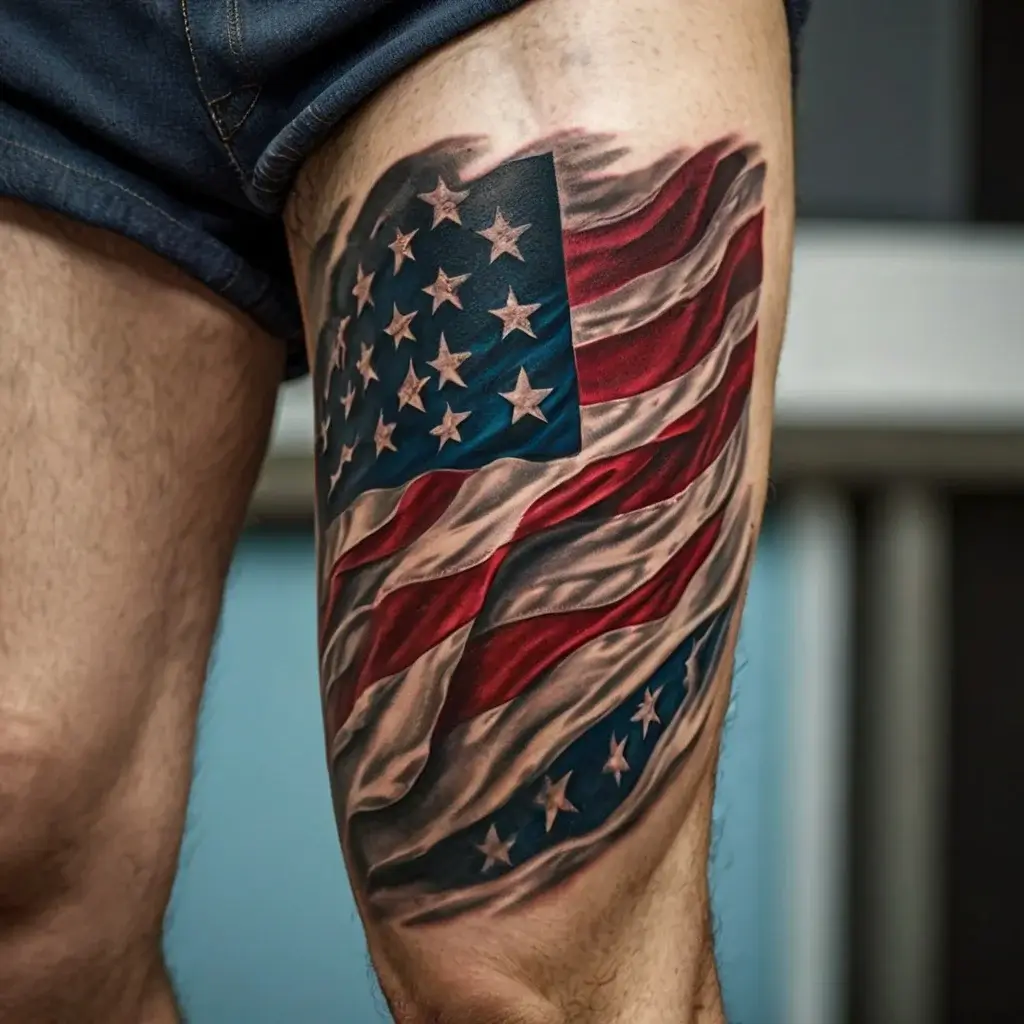 Realistic American flag tattoo on thigh, showing dynamic waves and rich colors of red, white, and blue with stars.