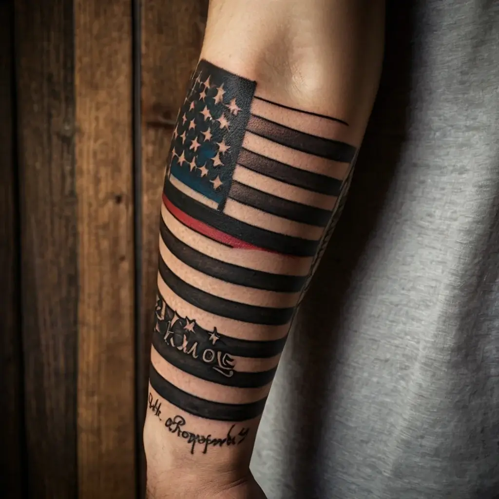 Forearm tattoo of the American flag with a bold black and red stripe design, symbolizing the Thin Red Line.