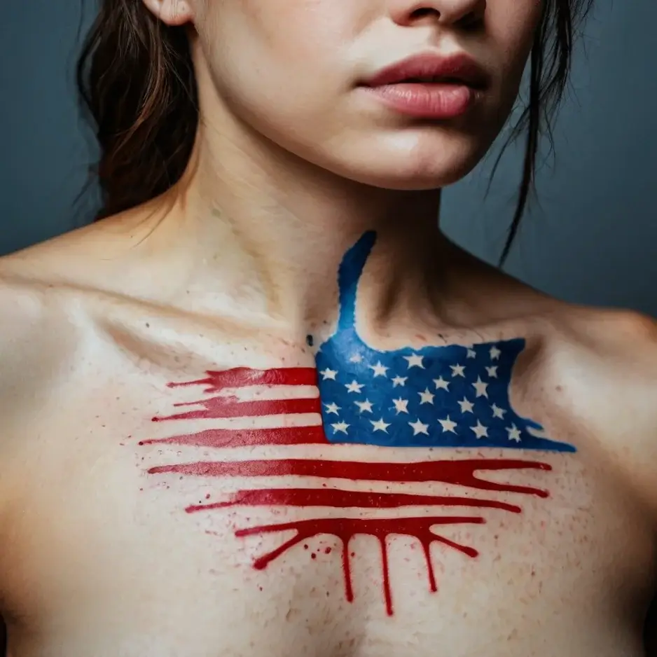 Tattoo of the U.S. flag on the chest, with bold brushstroke effect and dripping red stripes for an artistic twist.