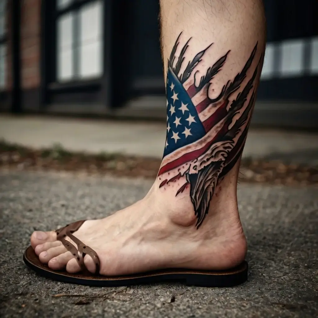 Tattoo of an American flag with eagle tearing through skin, symbolizing patriotism and freedom, on the leg.