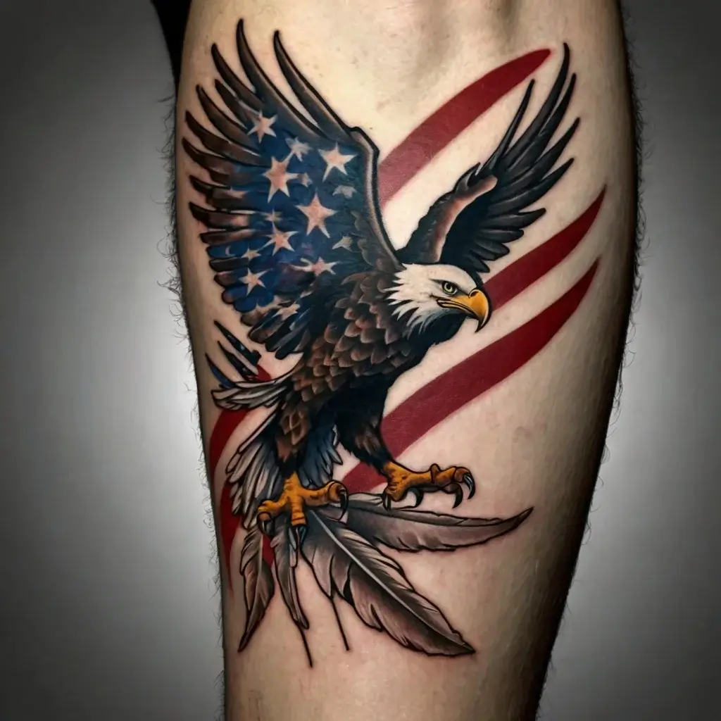 Bald eagle with stars on wings, perched on feathers, with red stripes in background, symbolizing freedom and patriotism.