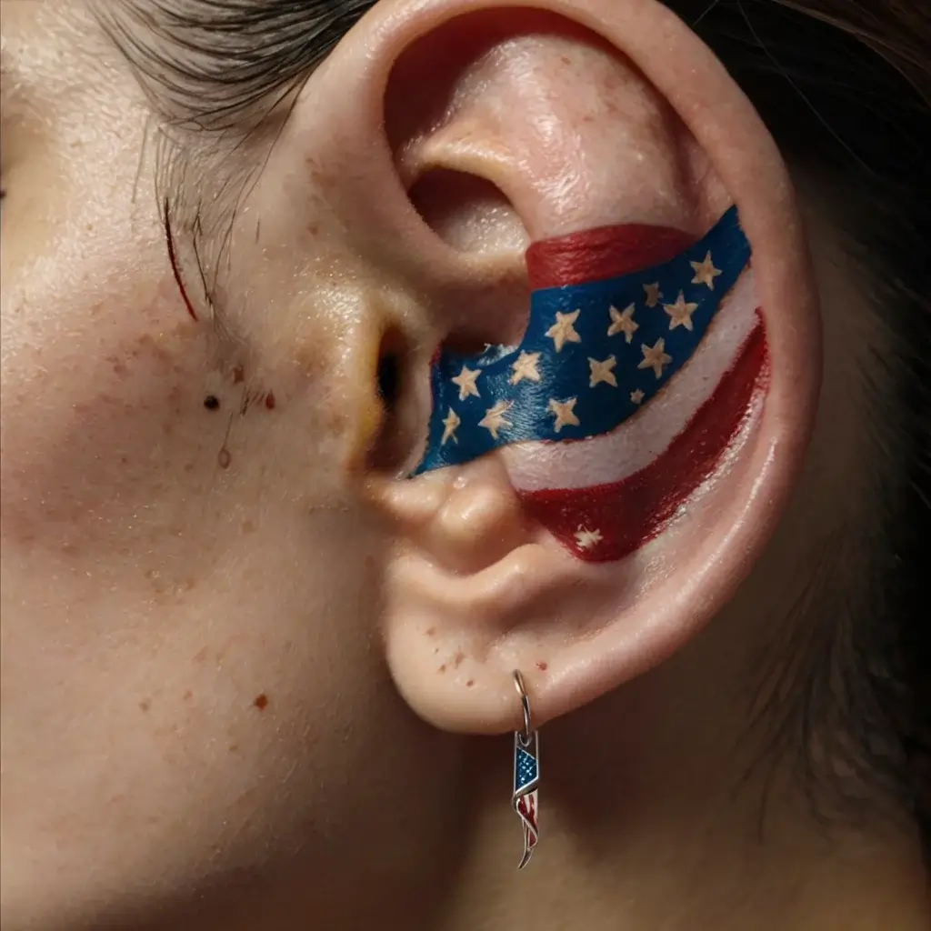 Tattoo of the U.S. flag with stars and stripes, wrapping around and inside the ear, accentuated by matching earring.