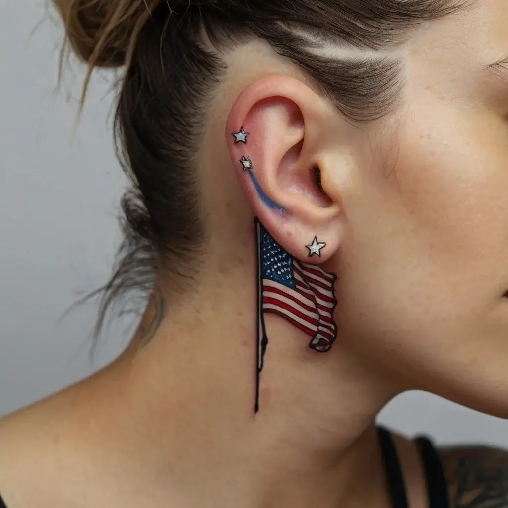 The tattoo features a realistic American flag under the ear, with vibrant stars and stripes, captured in a waving motion.