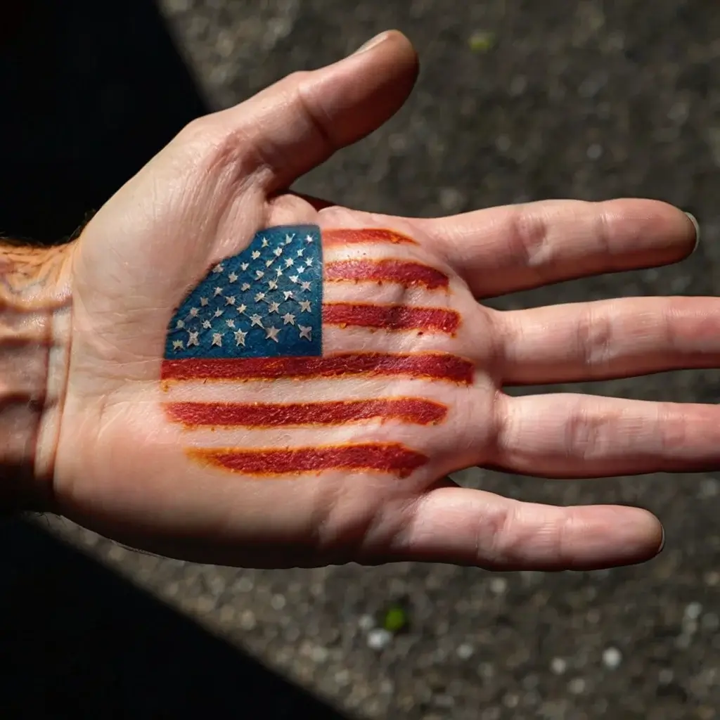 Tattoo of the U.S. flag on a palm; vibrant blue stars and red stripes express bold patriotism and uniqueness.