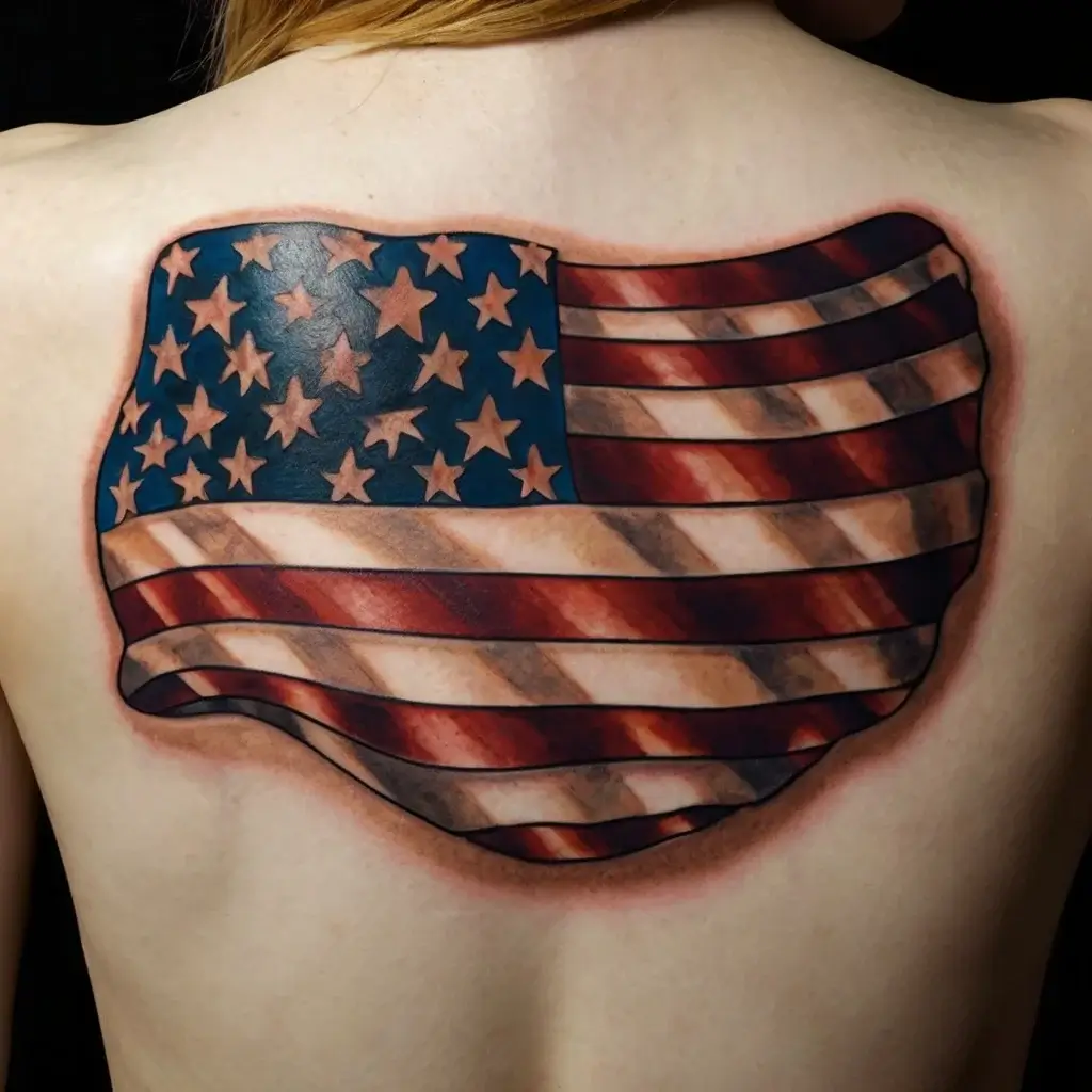 Realistic American flag tattoo on back, with vibrant stars and stripes, creating a 3D waving effect.