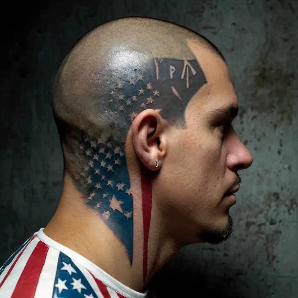 Side profile of a man with an American flag tattoo on his scalp and neck, featuring stars and stripes in red and blue ink.