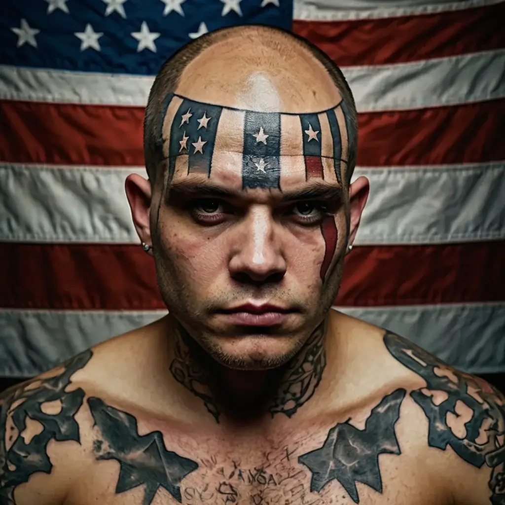 A bald man with tattoos featuring the American flag on his forehead and cheek, stars on chest, against a U.S. flag backdrop.