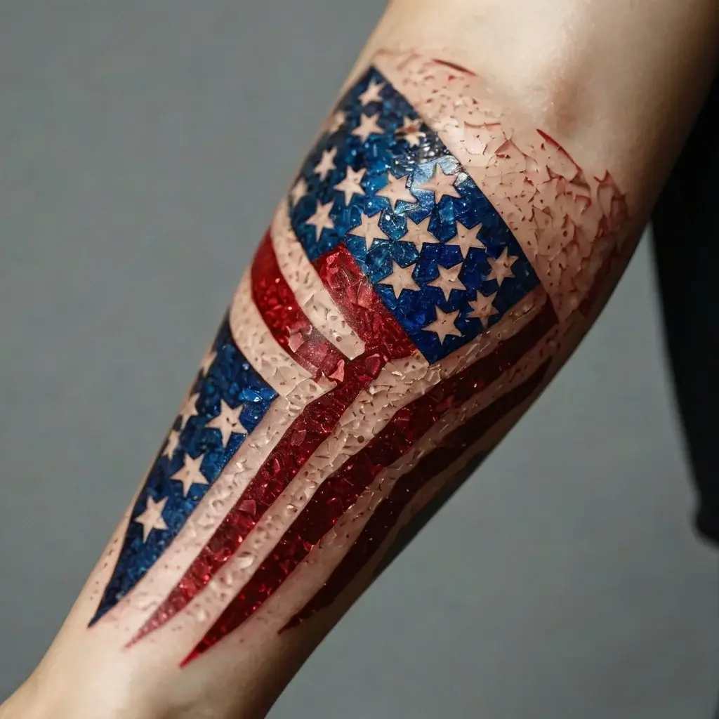 Realistic 3D tattoo of the American flag, with a cracked skin effect, creating an illusion of the flag beneath.