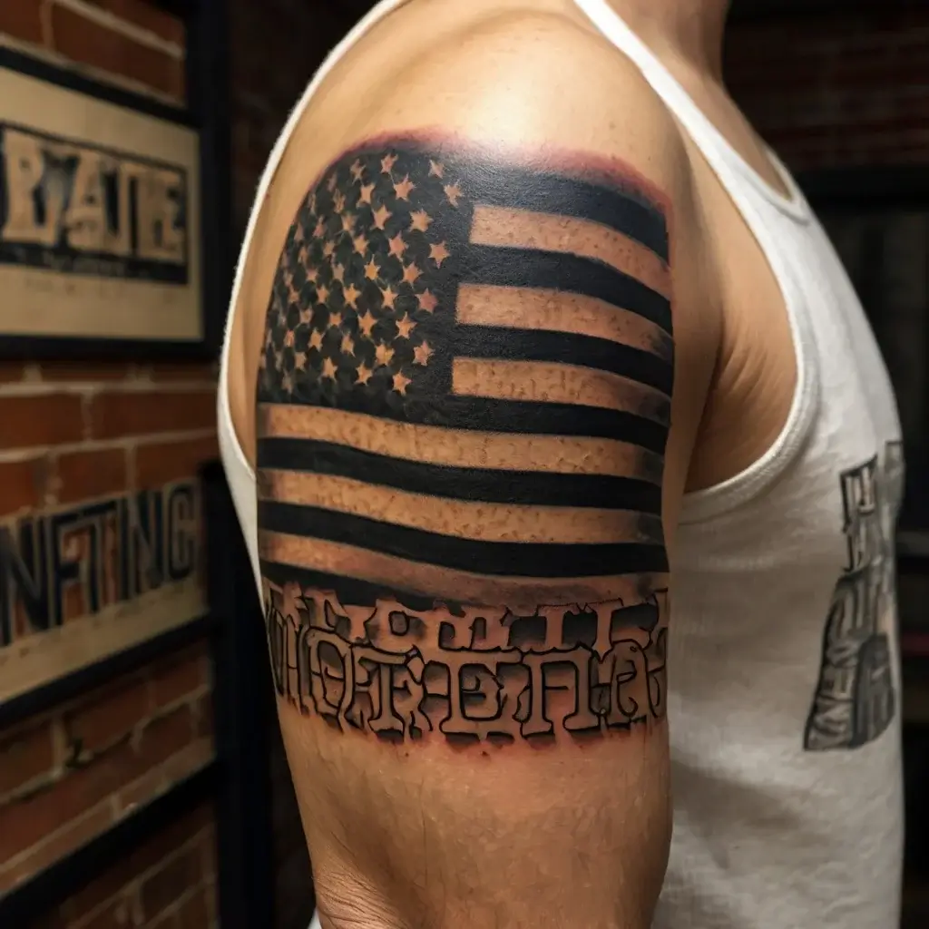 Arm tattoo of a waving black and gray American flag above stylized, shaded graffiti lettering.