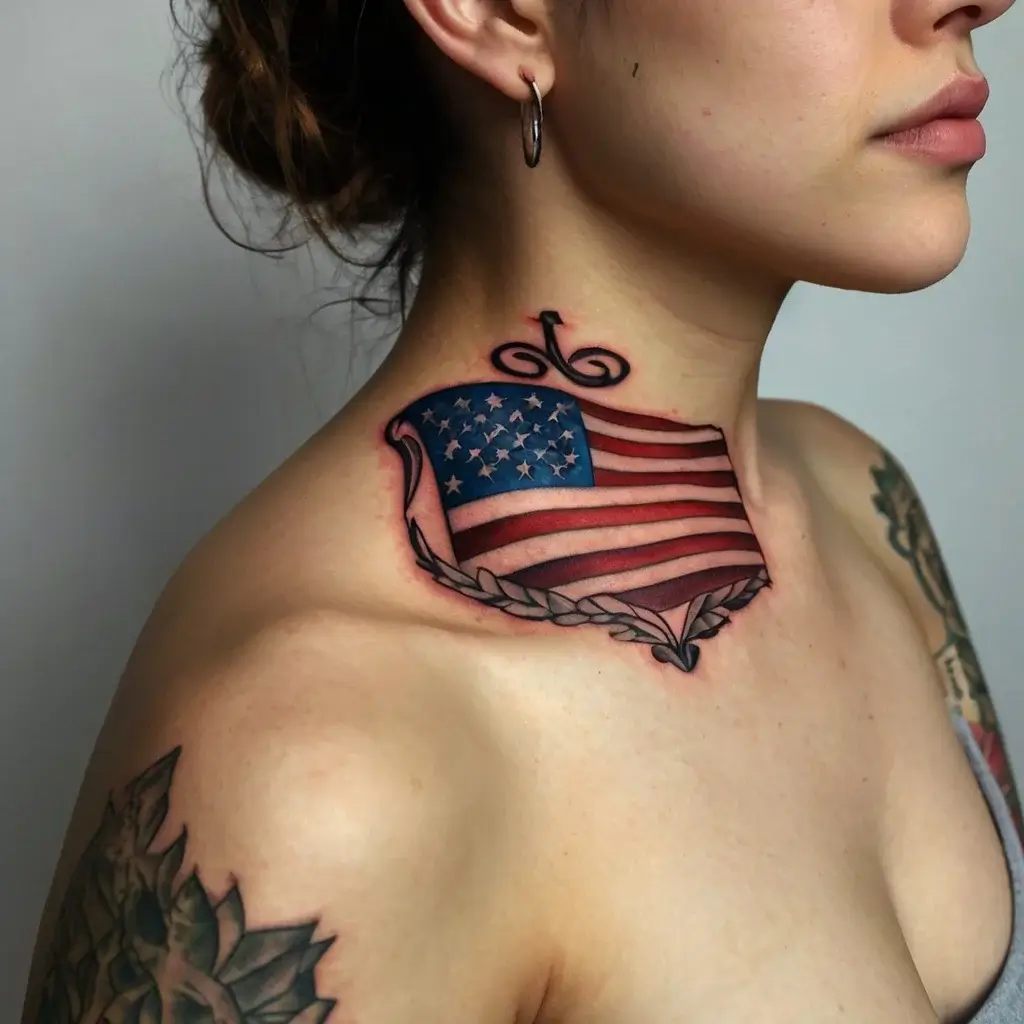 Tattoo of a stylized U.S. flag on the neck with ornate scroll detail, featuring stars and stripes, framed by decorative leaves.