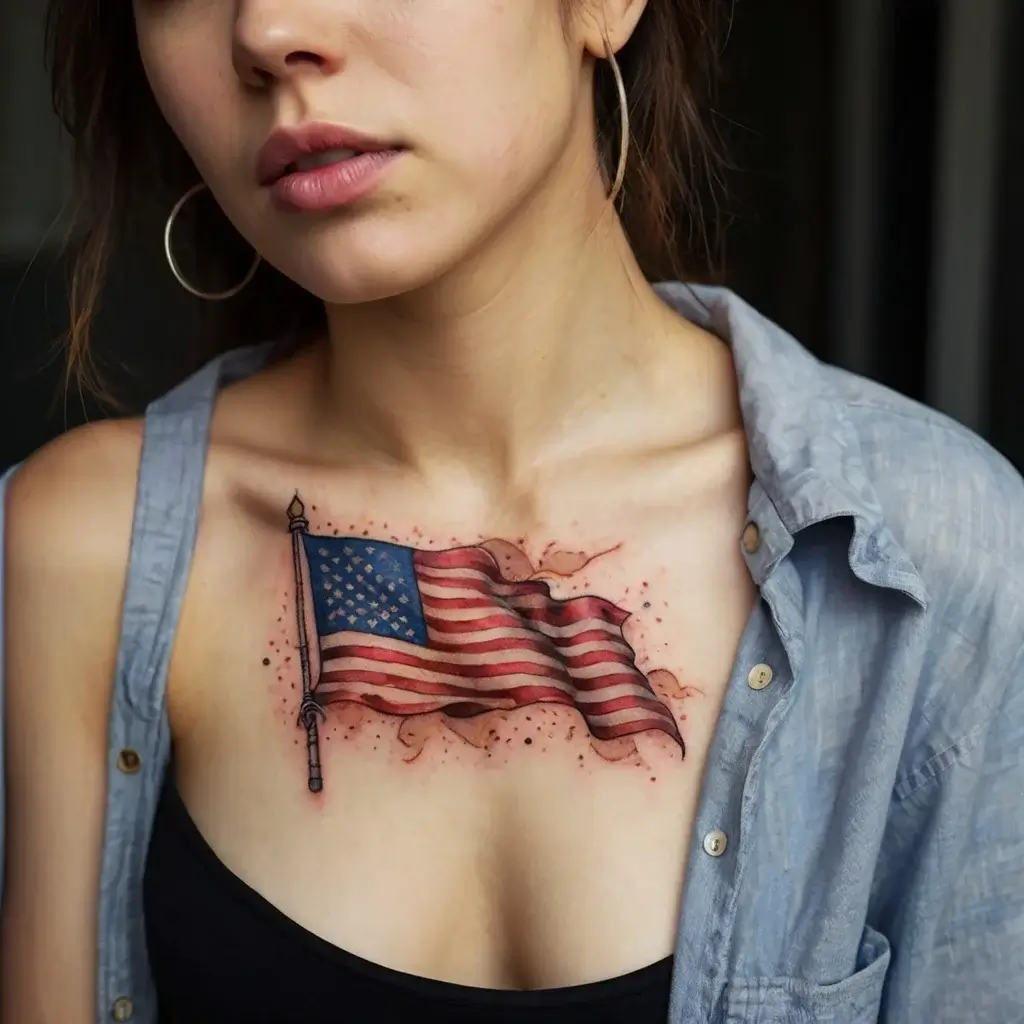 A detailed American flag tattoo on the collarbone, with realistic waving effect and subtle red shading accents.