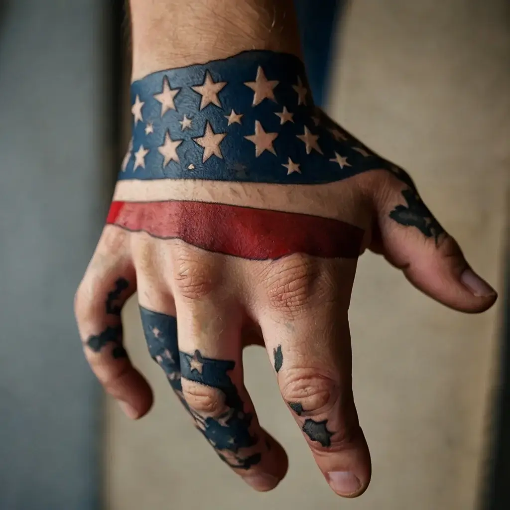 Tattoo of an American flag on a hand, with stars on the fingers and blue, red stripes across the wrist and fingers.