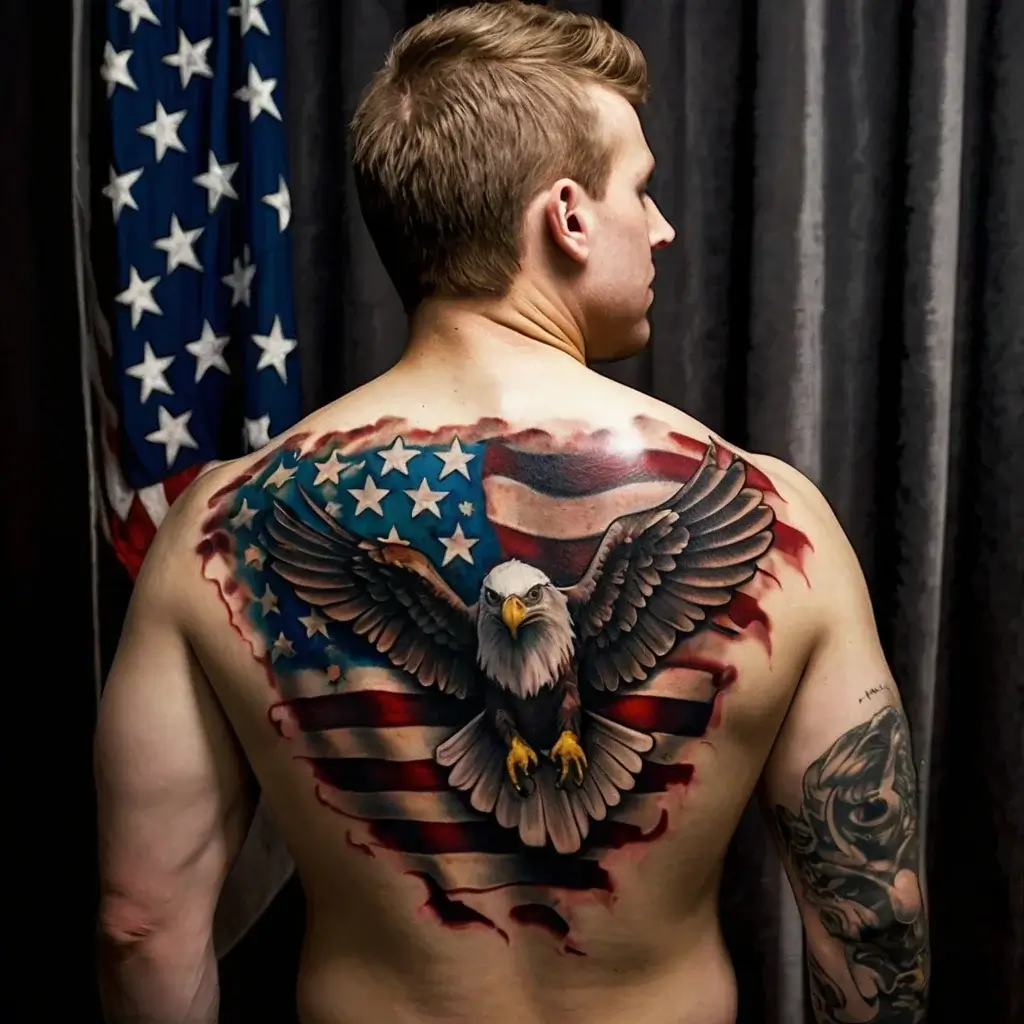 Tattoo of a soaring bald eagle over a U.S. flag background, symbolizing freedom and patriotism, covering the upper back.