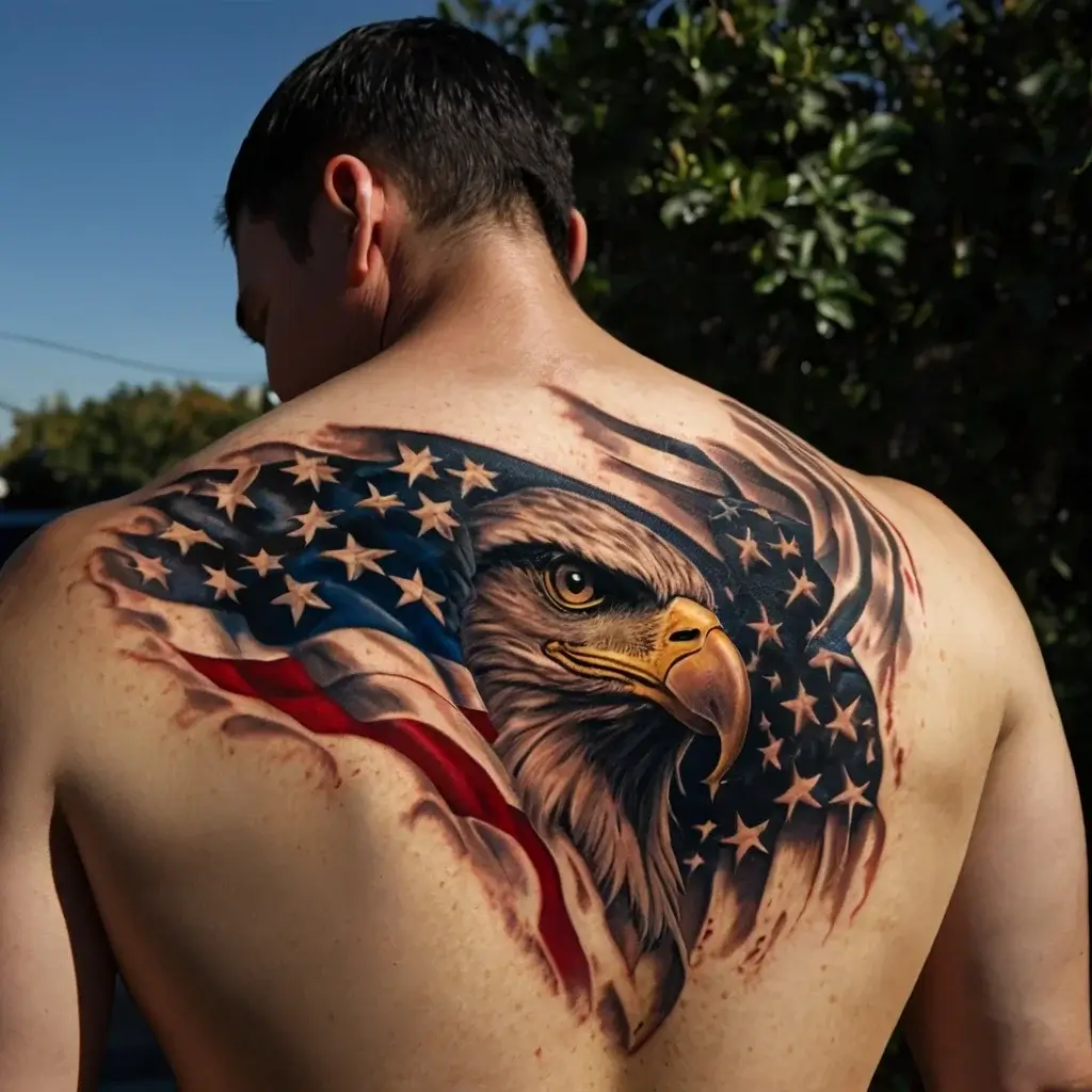 Tattoo of a fierce eagle with the American flag flowing around it, symbolizing strength and patriotism on the upper back.