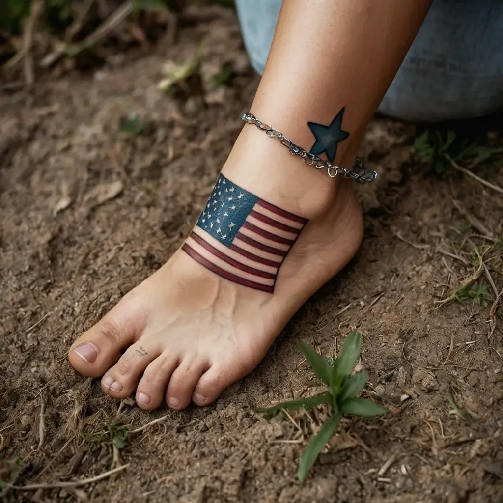 Tattoo of a waving American flag on ankle with a blue star above it, beside a chain anklet, on bare foot.