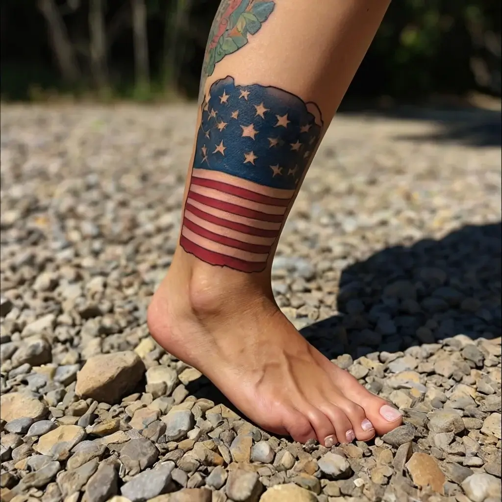 Tattoo of a waving American flag on the calf, with blue field and stars above red and white stripes. Worn vintage style.