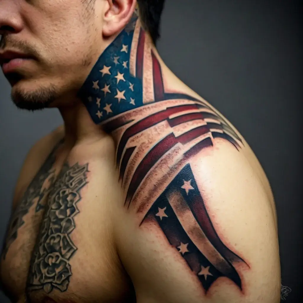 Tattoo of a tattered American flag covering the neck and shoulder, with stars and stripes in a distressed style.