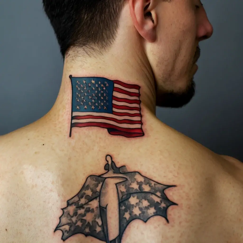 Tattoo of a waving American flag on neck and a stylized bat with stars on the upper back, emphasizing patriotism.