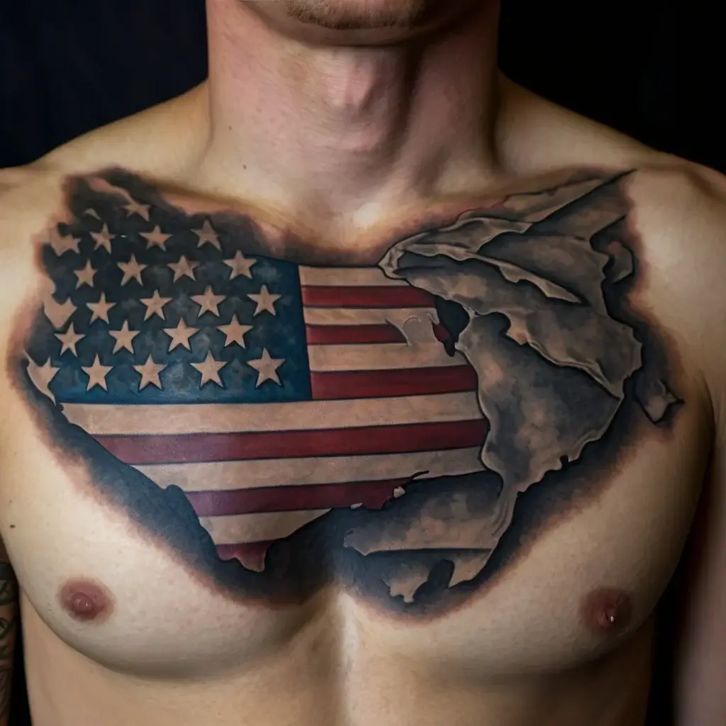 Tattoo of a torn American flag in the shape of the U.S., blending realism and symbolism across the chest.