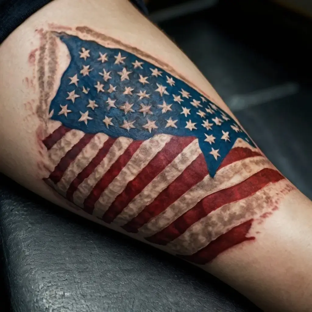 Tattoo of a tattered American flag with realistic texture and details, featuring stars and stripes in red, white, and blue.