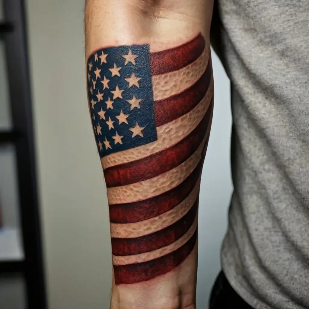 Tattoo of the American flag on the arm, flowing with realistic shadows and textured skin effects, creating a 3D illusion.