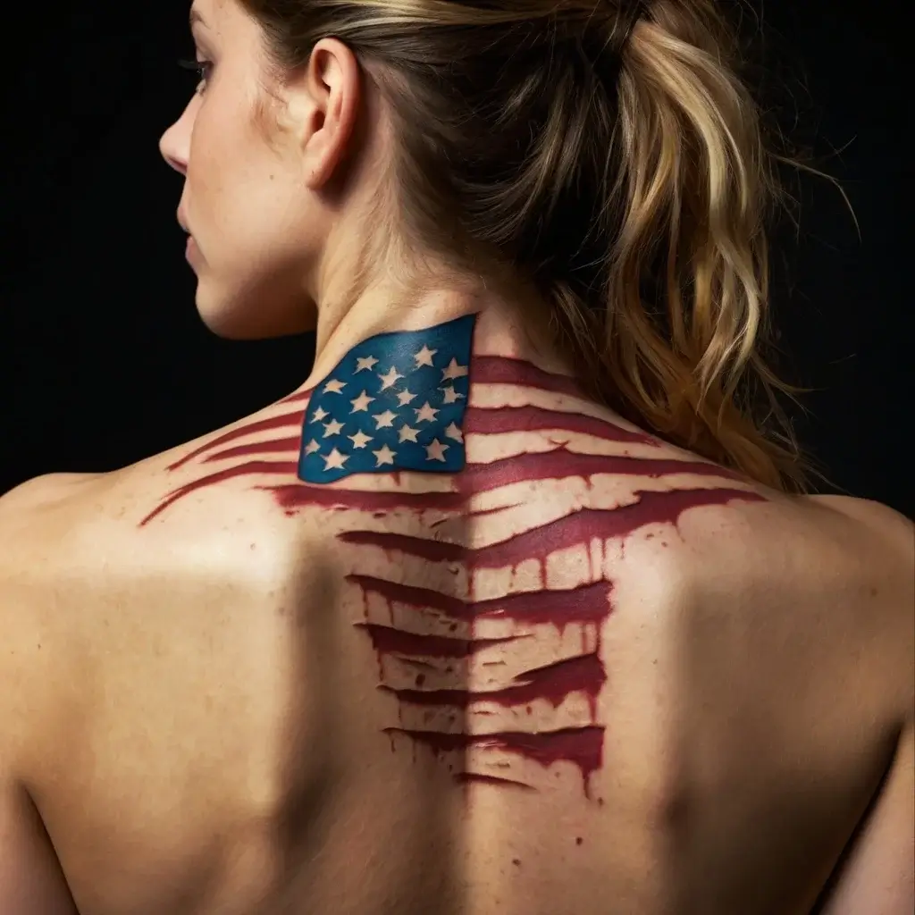 The tattoo depicts an American flag with realistic red and blue ink, appearing torn and bleeding across her back.