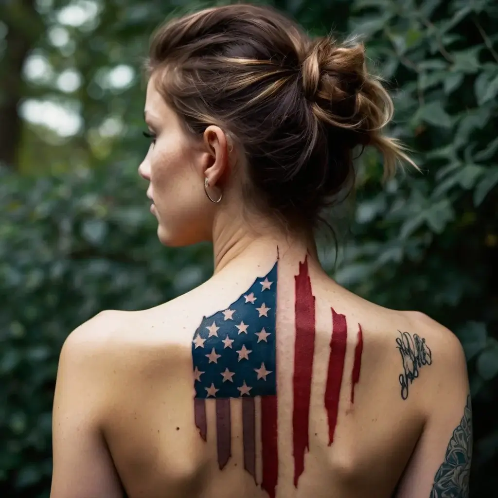 Tattoo of a weathered American flag on the shoulder, blending stars and stripes seamlessly with natural skin tones.