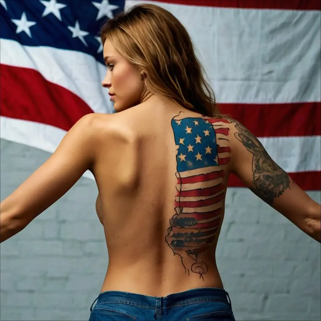 Tattoo of an American flag waving down the bare back, with stars and stripes filling the silhouette of a map outline.