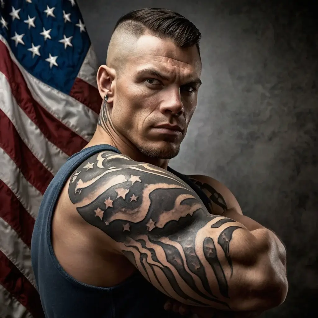 Tattoo showcasing an American flag with stylized stars and stripes, running down the arm, symbolizing patriotism.