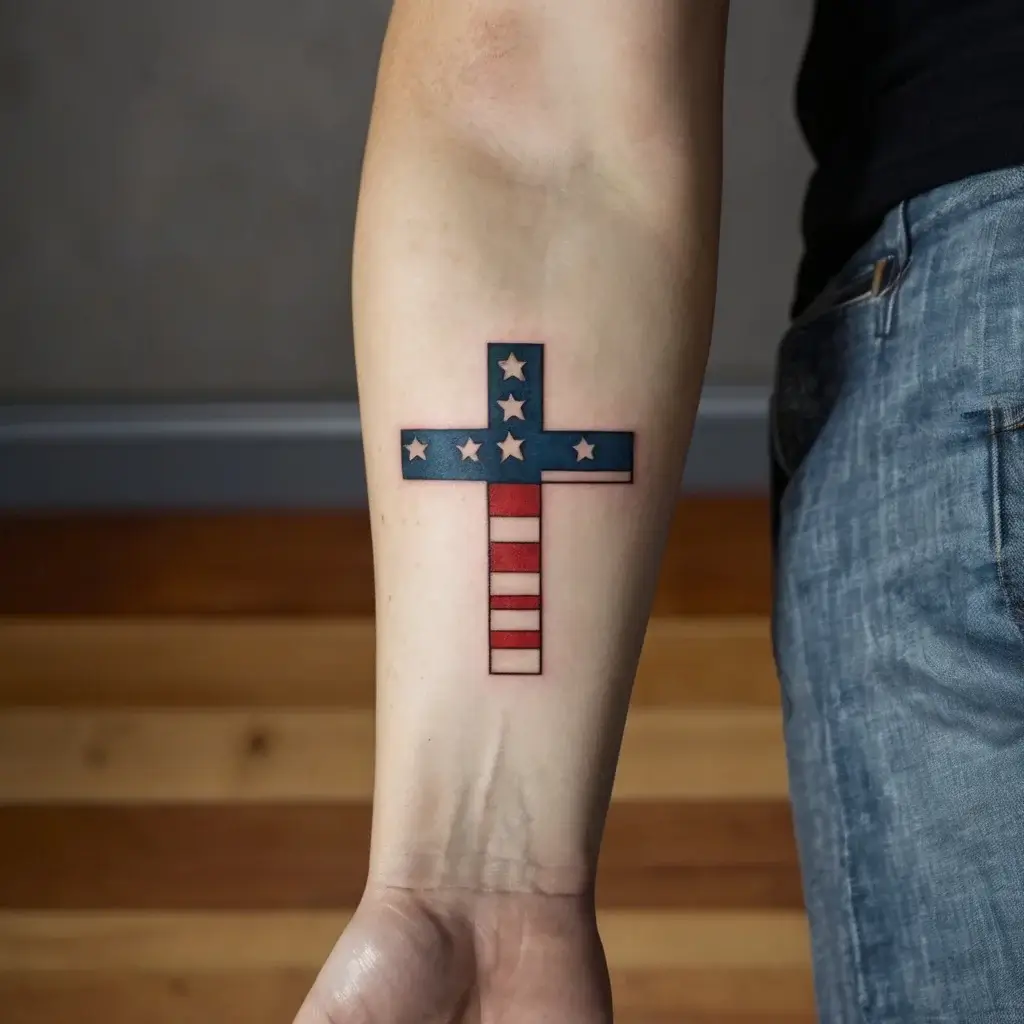 Cross tattoo with American flag design; stars on blue in the top part, stripes in the vertical section.