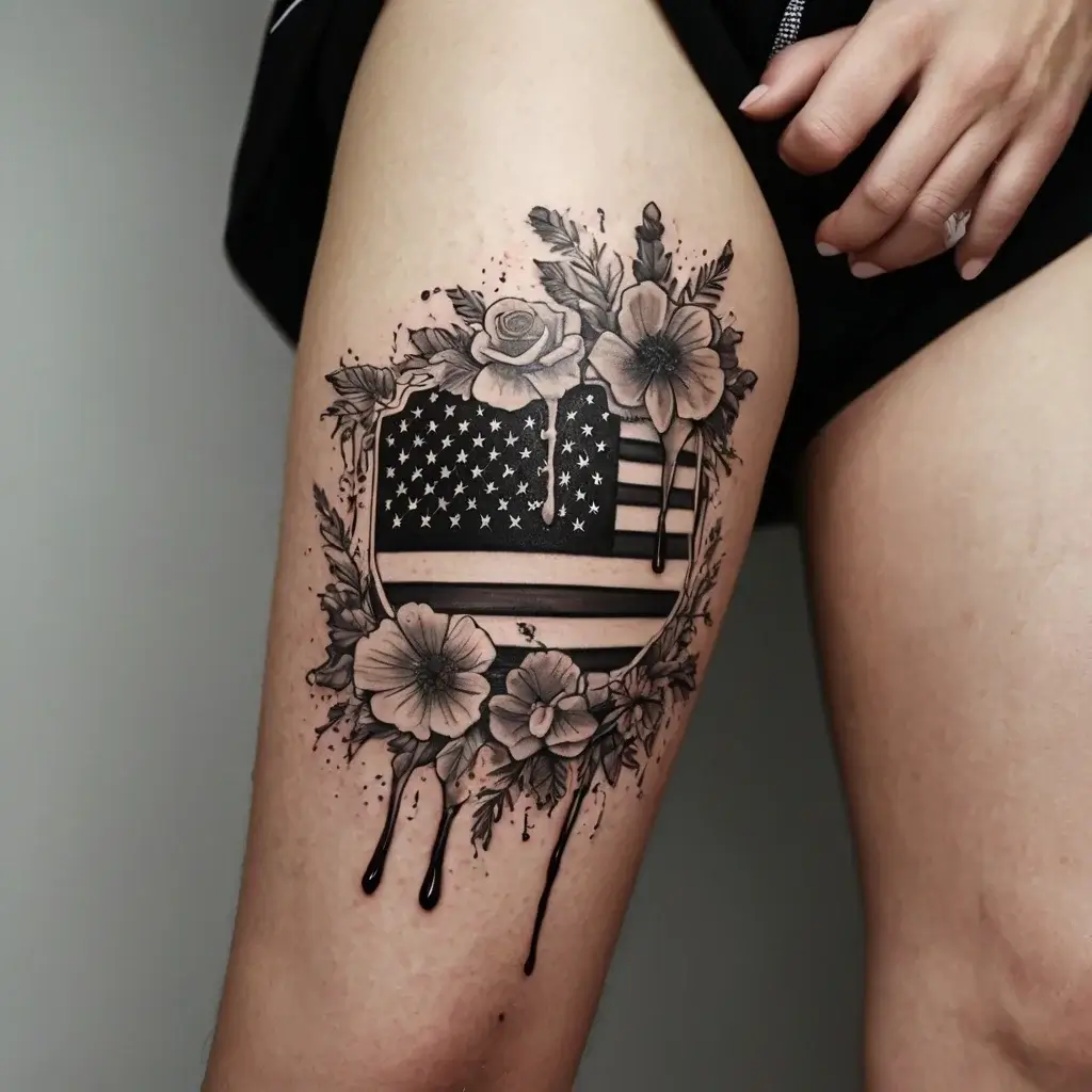 Tattoo features a stylized American flag with floral elements, surrounded by roses and hibiscus, with dripping ink accents.