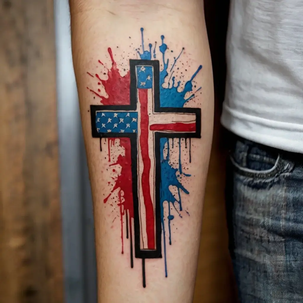 Tattoo of a cross with American flag design and vibrant splashes of red and blue ink surrounding it.