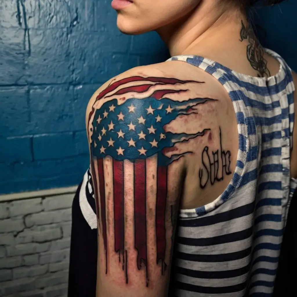 Tattoo of a tattered American flag on the shoulder, blending into skin with black ink details and word Siria beside it.