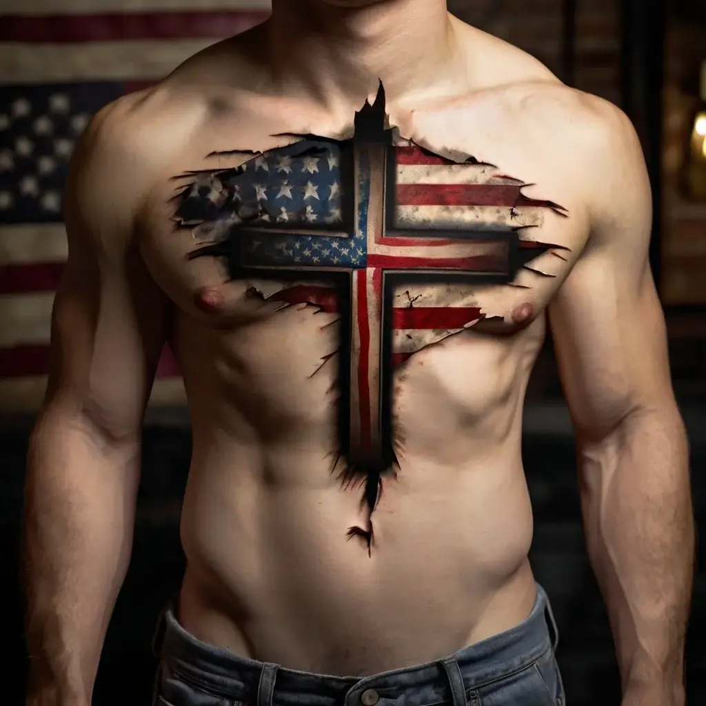 A 3D chest tattoo of a cross, featuring torn American and Icelandic flags, creating an illusion of a ripped skin effect.