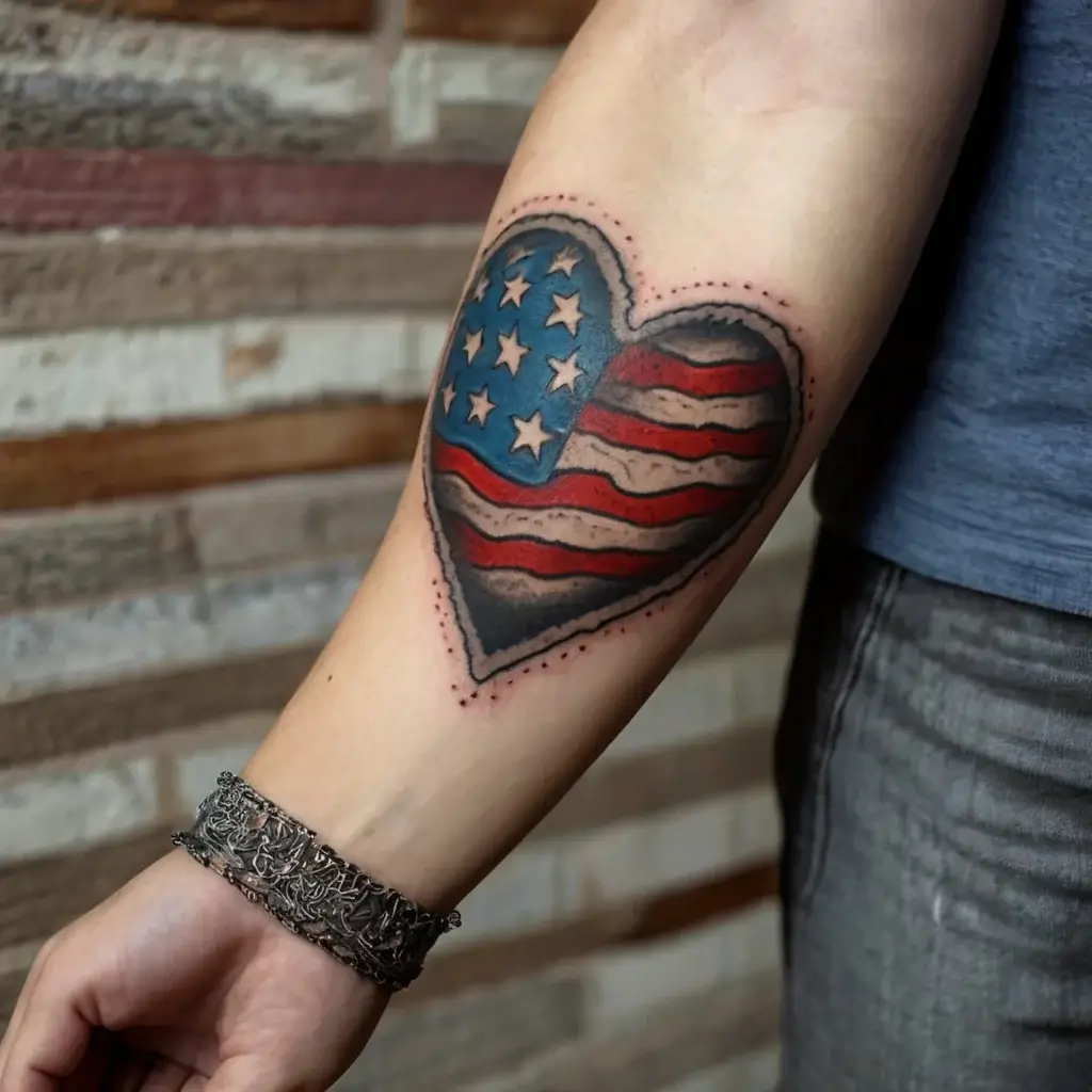 Heart tattoo with an American flag design, featuring stars and stripes, symbolizing patriotism on a forearm.