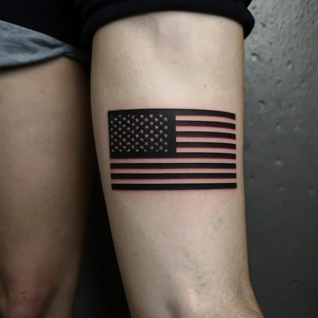 Stylized American flag tattoo in black and red ink on the arm, featuring stars and stripes with bold lines.