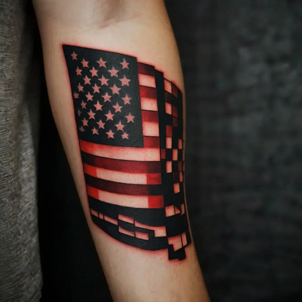 Digitized American flag tattoo, pixelated glitch effect with red shading on forearm.