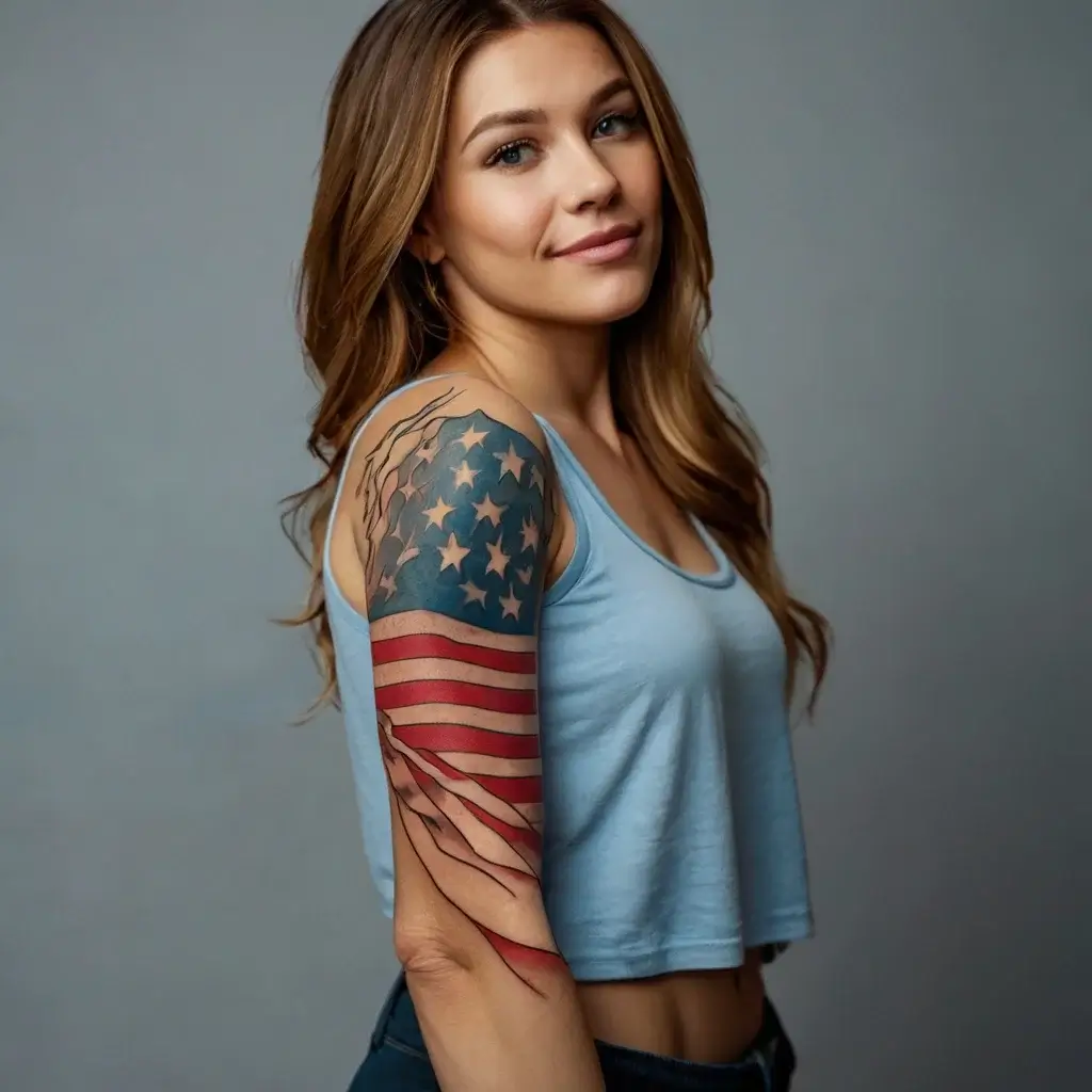 Woman with an American flag tattoo on her arm, featuring stars and stripes flowing organically around her shoulder.