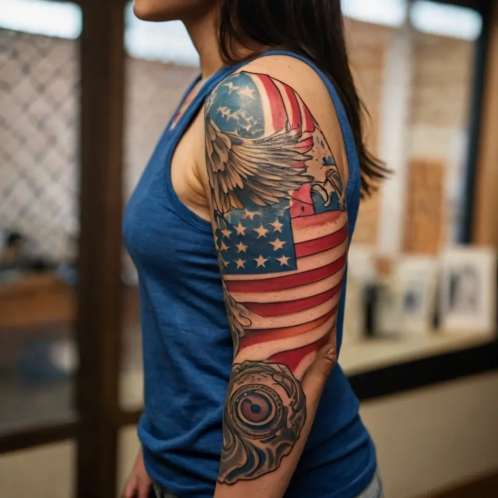 An eagle merging into the American flag on an arm sleeve, featuring stars and stripes, symbolizes patriotism and freedom.