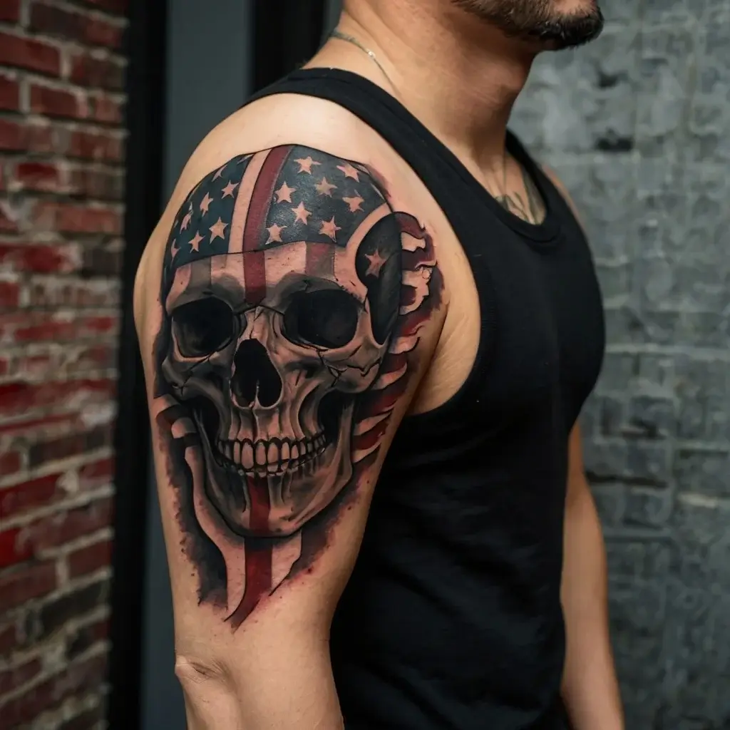 Tattoo of a realistic skull on the upper arm, adorned with the American flag pattern wrapping over and around it.