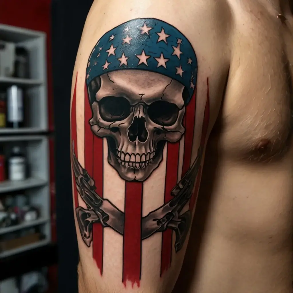 A skull with a blue starred bandana above crossed pistols, set against vertical red stripes on an upper arm tattoo.