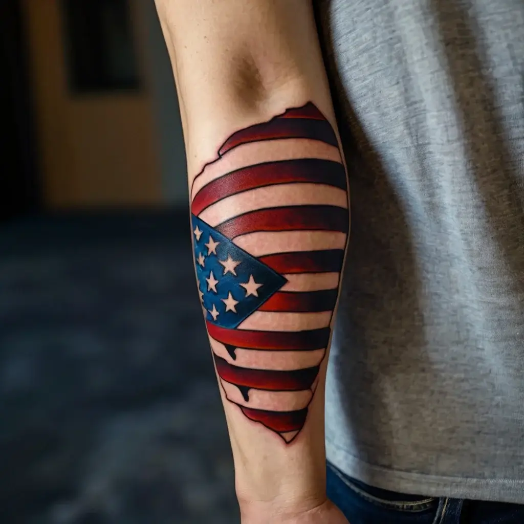 Tattoo of an American flag with Illinois state outline on forearm, blending red, white, and blue stripes with stars.