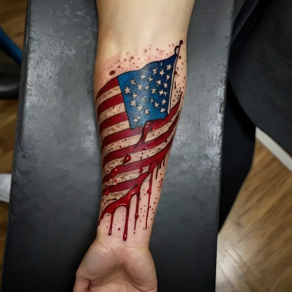 Tattoo of an American flag with realistic drips of red ink flowing down, creating a dynamic and intense visual effect.