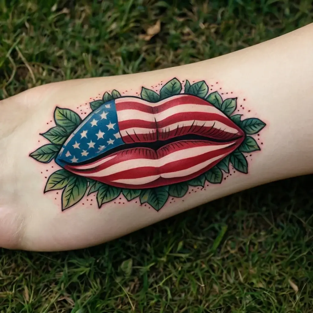 Tattoo of lips with the American flag pattern, surrounded by green leaves, symbolizing patriotism and nature.