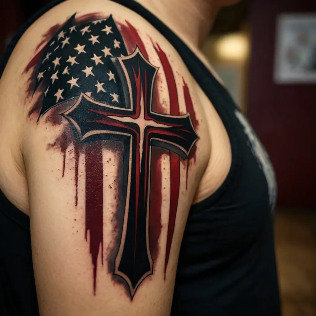 Tattoo of a black cross over a stylized American flag. Deconstructed stripes and stars create a dynamic, bold design.