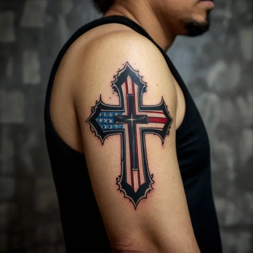 Tattoo of a cross on an arm, featuring an intricate design with the American flag pattern inside.