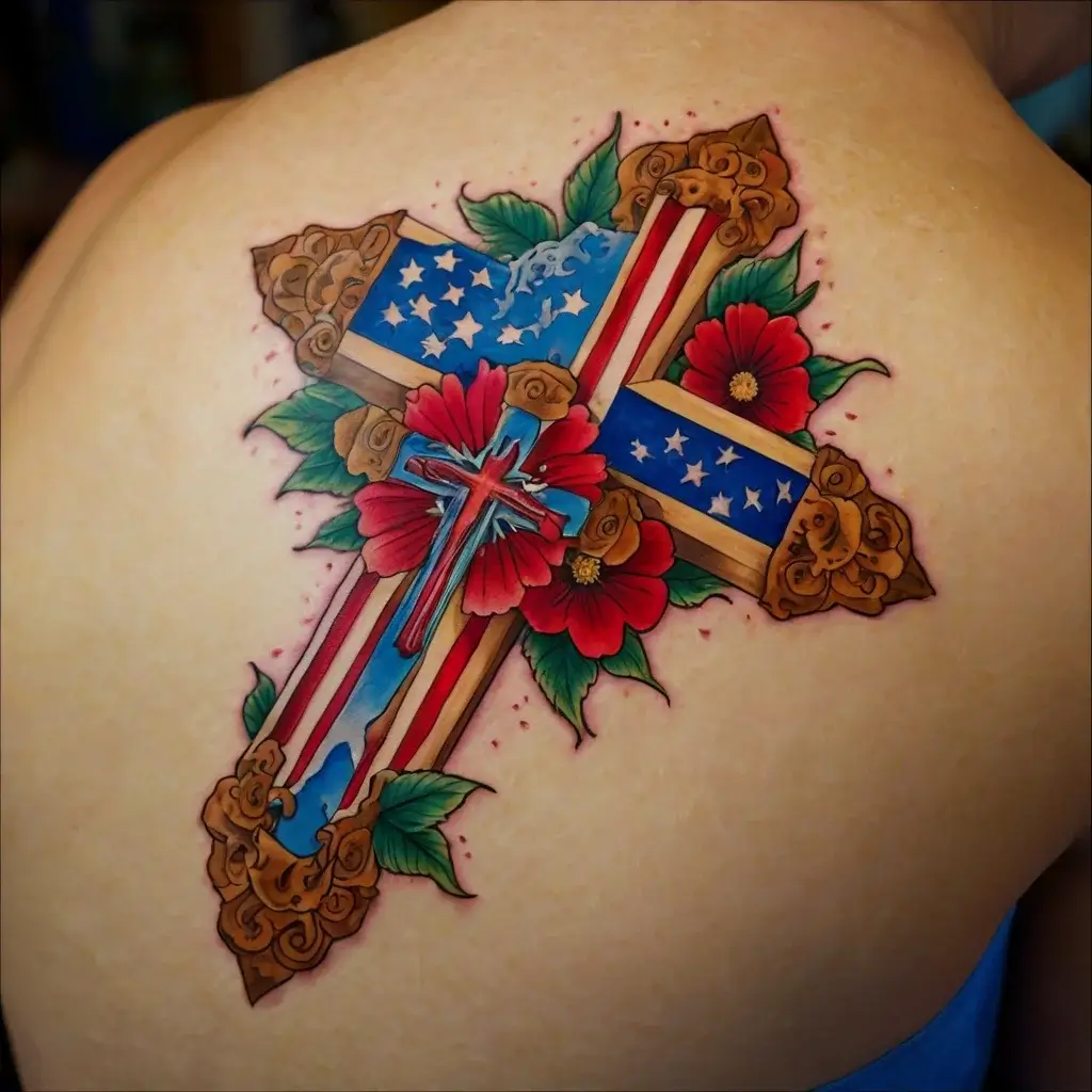 Colorful cross tattoo with American flag theme, floral accents, and ornate gold details, symbolizing patriotism and faith.