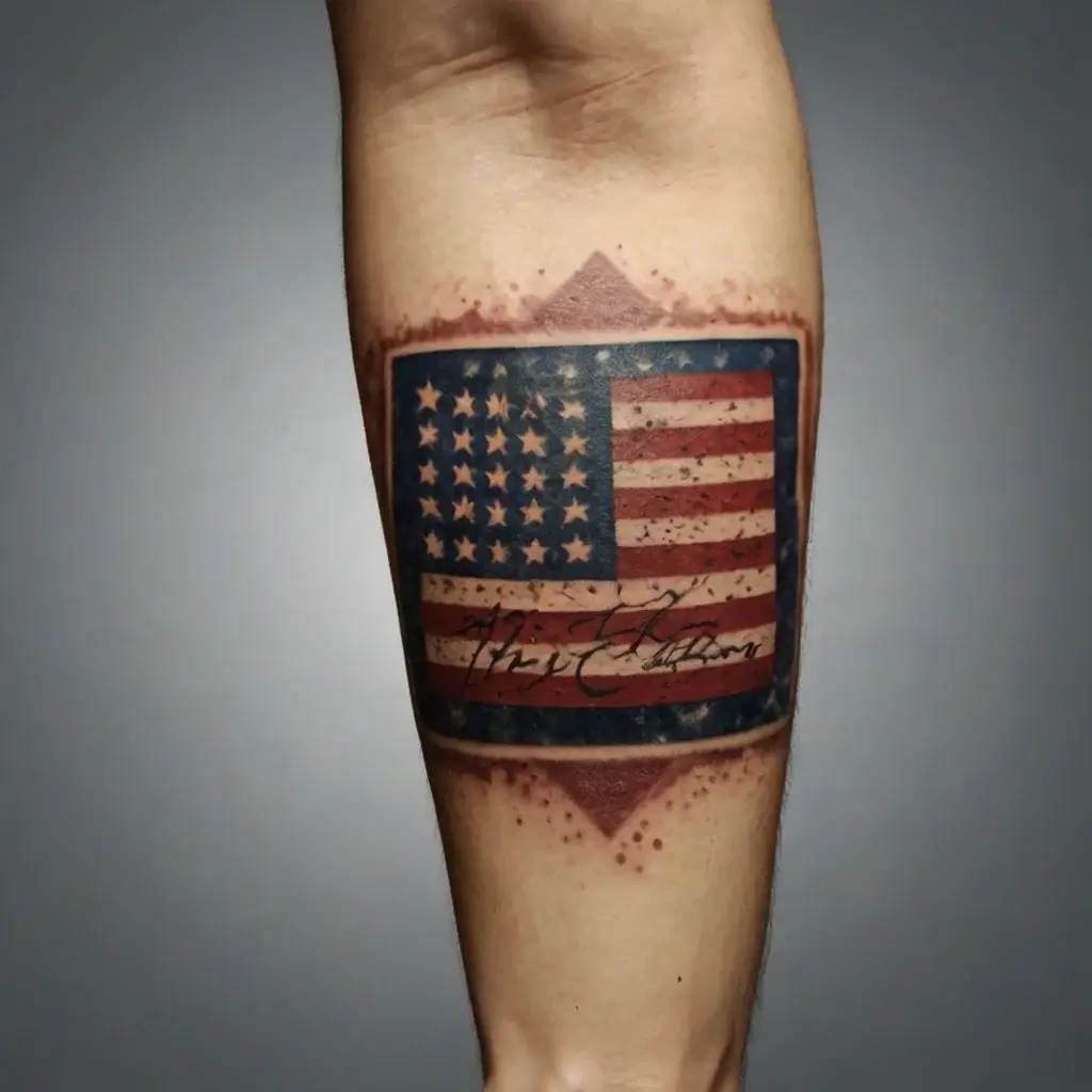 Tattoo of a vintage American flag with a signature, framed by a diamond shape with stippling detail around the edges.